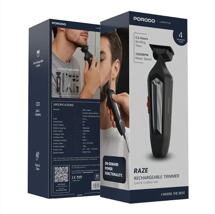 Porodo Raze Rechargeable Trimmer Cord and Cordless Use in Oman – Precision Grooming - Image 5