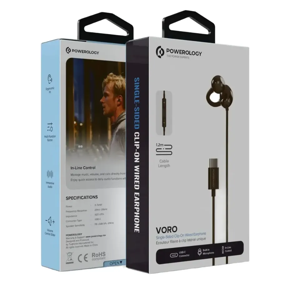 Powerology Voro Single Sided Clip On Wired Earphone in Oman – Crystal Clear Calls - Image 2