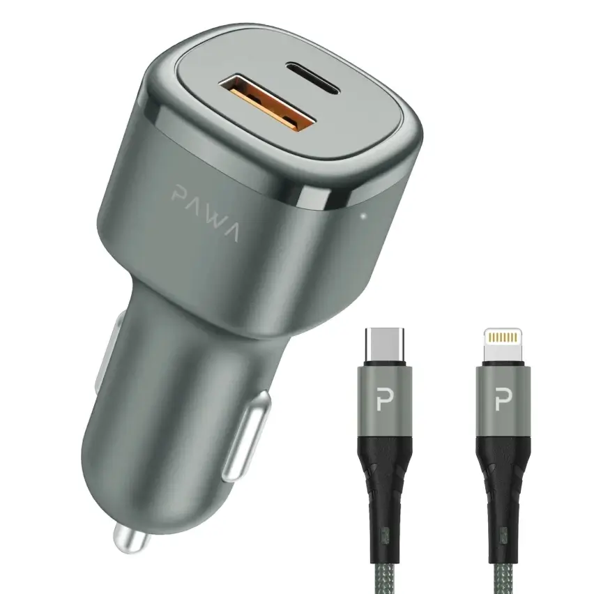 Pawa Car Charger Dual Port (PD+QC) 50W + Lightning Cable PW-CC50QCL in Oman Pawa Car Charger Dual Port (PD+QC) 50W + Lightning Cable PW-CC50QCL in Oman