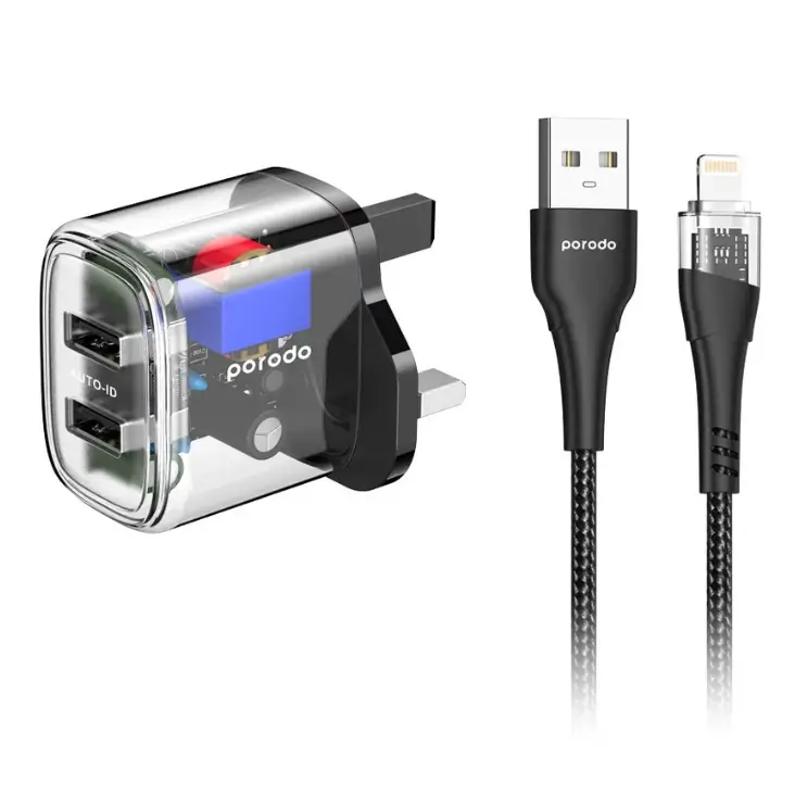 Porodo Dual Output Transparent Charger With Usb A To Lightning Cable T12WDAUKL in Oman Porodo Dual Output Transparent Charger With Usb A To Lightning Cable T12WDAUKL in Oman