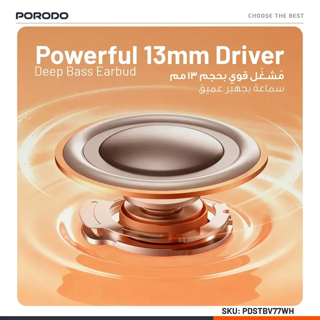 Porodo Popwave Ture Wireless Deep Bass Earbuds Porodo Popwave Ture Wireless Deep Bass Earbuds, model PDSTBV77, new, in charging case