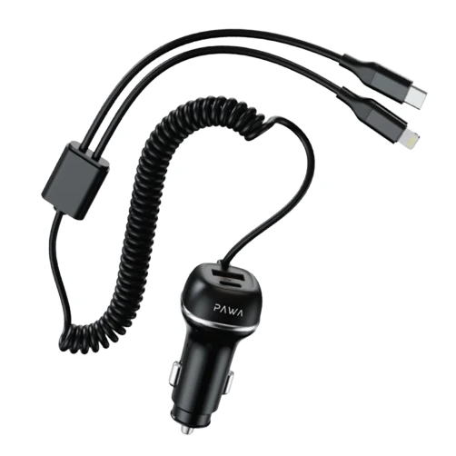 Pawa Solid Car Charger Dual Port PD+QC with usb-c and Lightning Cable - CC68 INTT in Oman Pawa Solid Car Charger Dual Port PD+QC with usb-c and Lightning Cable - CC68 INTT in Oman front view